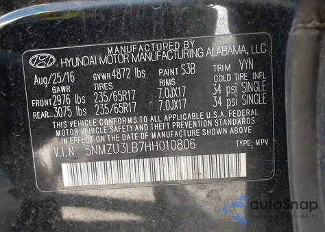 2017 Hyundai Santa Fe Sport 2.4L z USA, uszkodzony, nr VIN 5NMZU3LB7HH010806